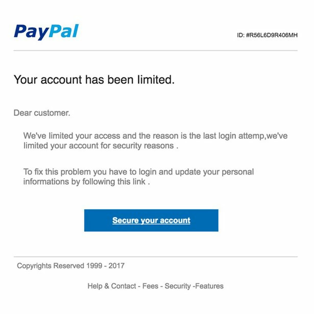 The above image displays a sample PayPal phishing email using the PayPal br...
